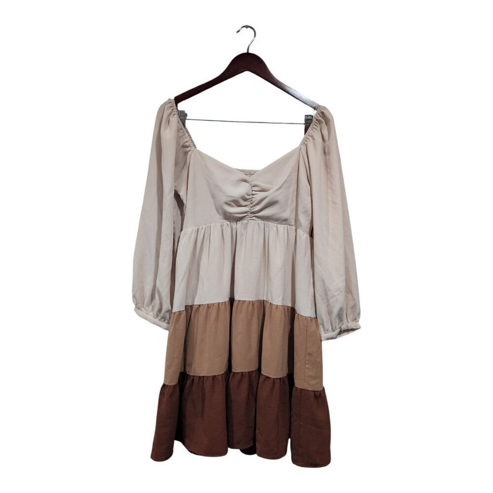 Entro Tri Color Tiered Dress Smocked Back Long Sleeve Tan Brown Boho Peasant L